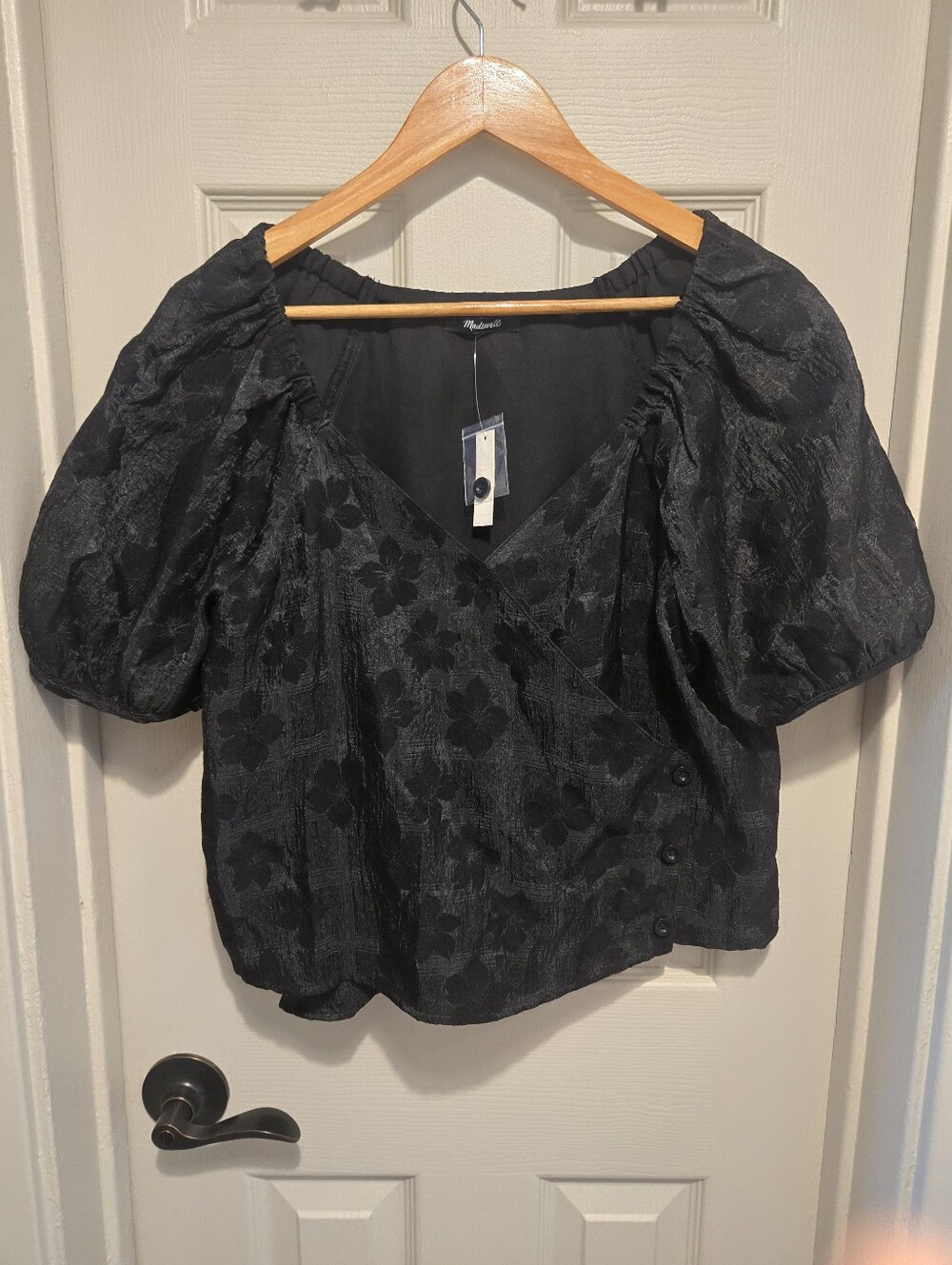 Madewell Floral Jacquard Puff Sleeve Wrap Top in True Black at Nordstrom, Size M - Picture 5 of 7
